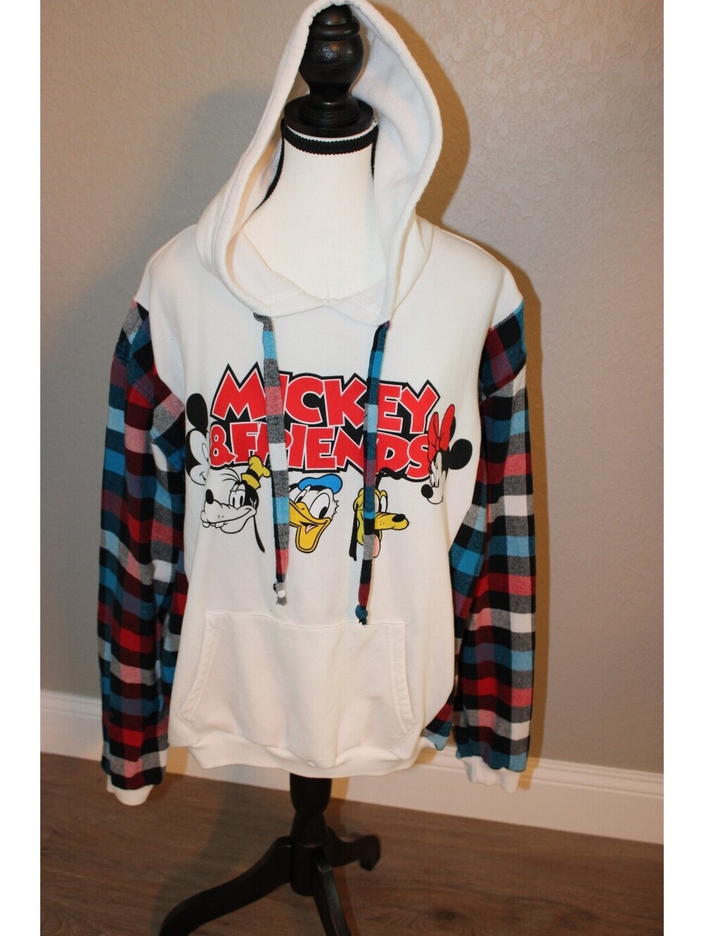 Disney Mickey & Friends Hoodie with Plaid Sleeves, Size XL (15-17)